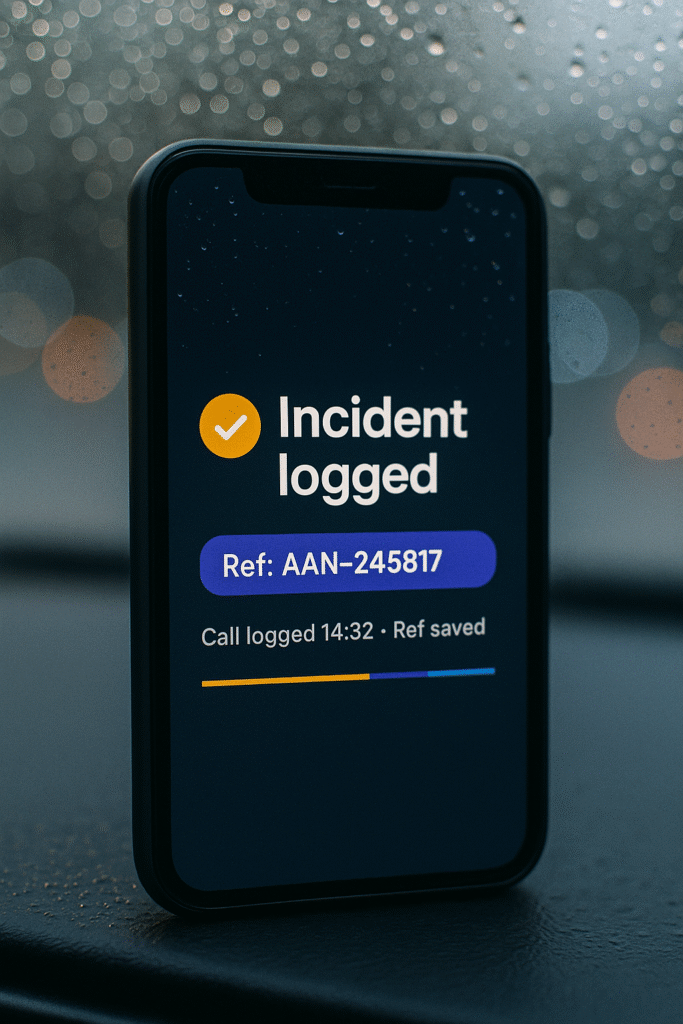 credit hire rates 2025 close up of phone showing incident log