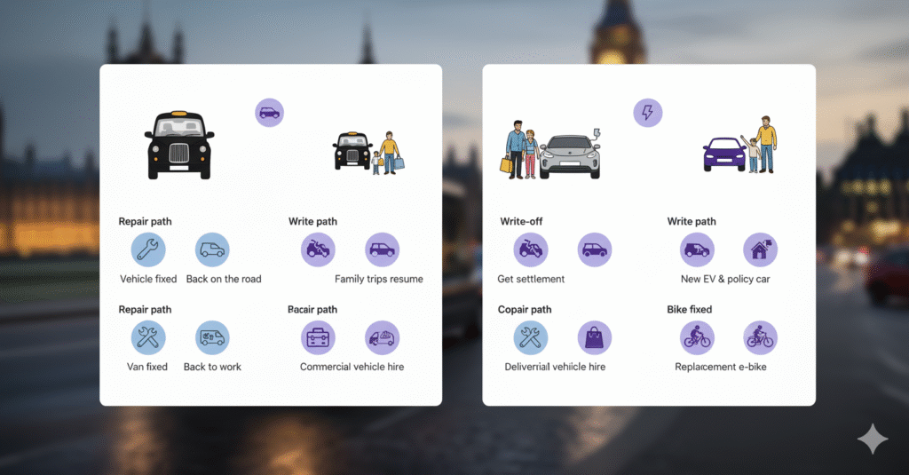 Four-panel storyboard: taxi, family EV, trades van, delivery bike; each panel shows ‘Repair path’ vs ‘Write-off path’; clean icons and short labels; AAN colours; friendly and inclusive; 16:9