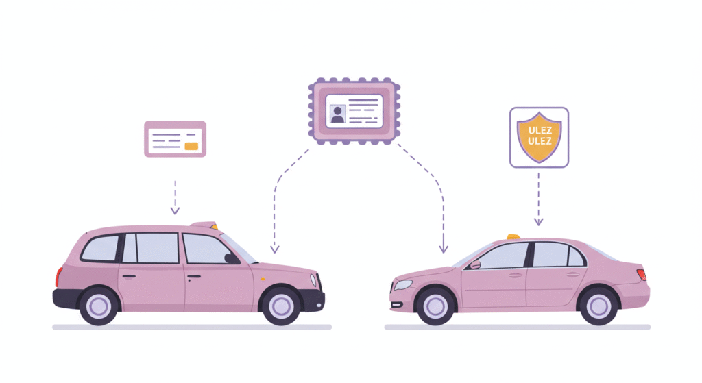 Black cab (TX-style) and a PHV saloon side-by-side, small floating compliance badges (plate, licence, ULEZ). Flat vector + subtle depth, crisp outlines, brand palette, white background, 16:9
