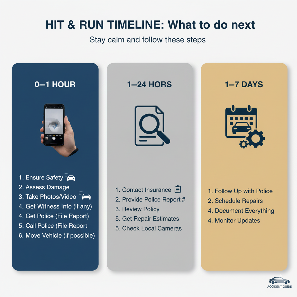 Timeline: What to do after a hit-and-run — 0–1 hour, 1–24 hours, 1–7 days