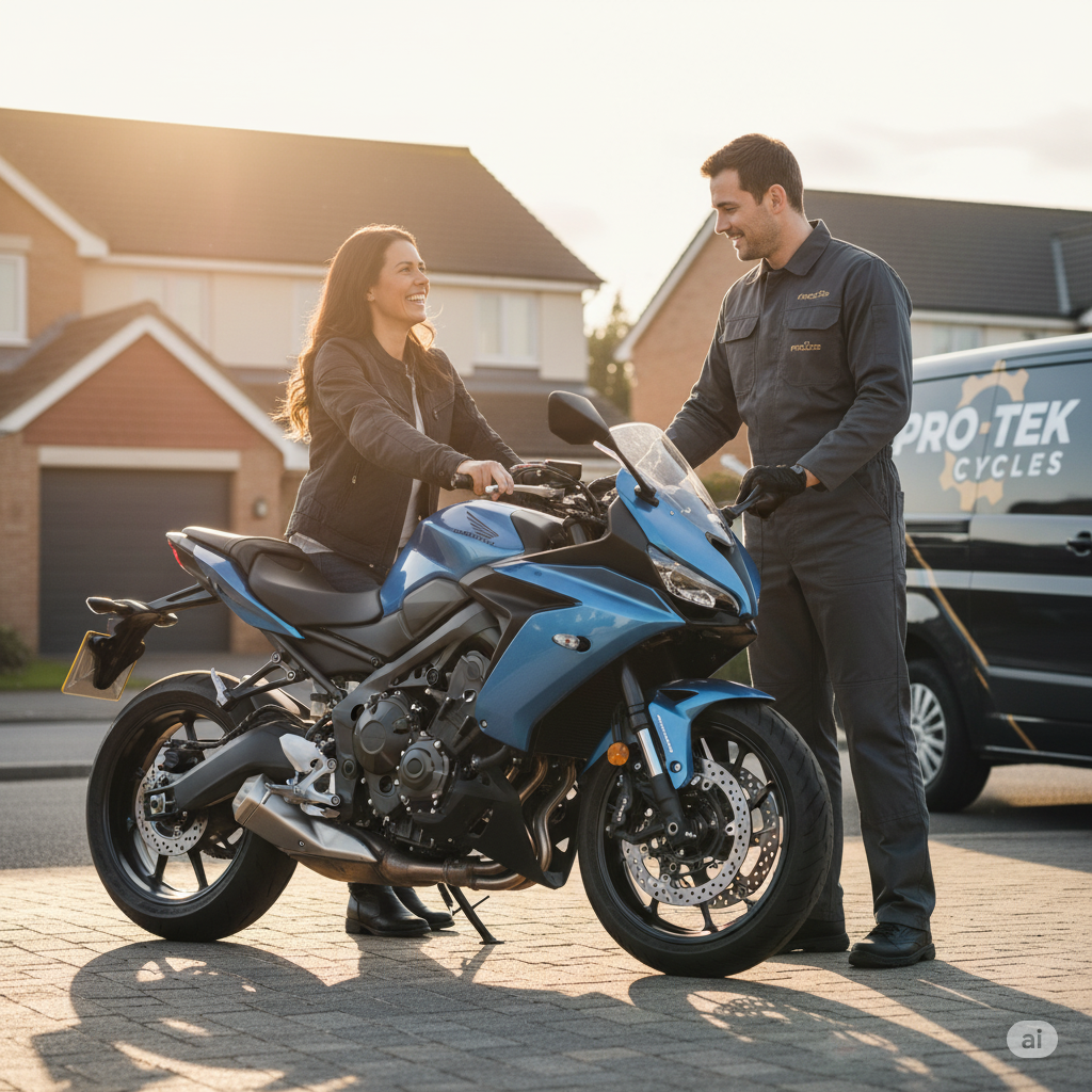 A biker receiving a like-for-like replacement motorcycle after an accident.