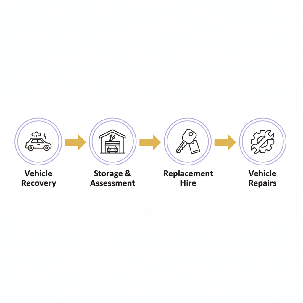 Flowchart of vehicle recovery, storage, replacement hire, and repairs.