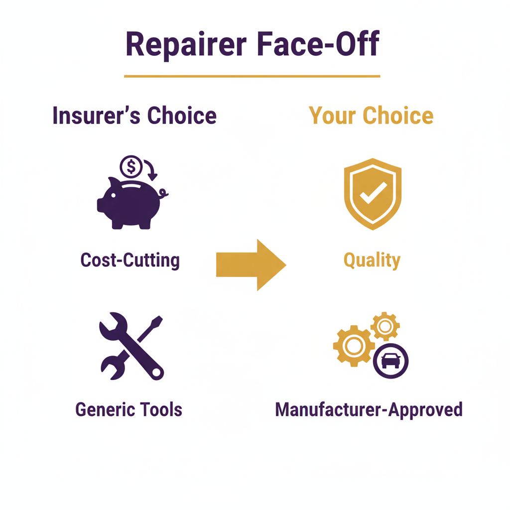 Infographic comparing an insurer's choice of garage with your own choice, highlighting quality vs. cost-cutting.