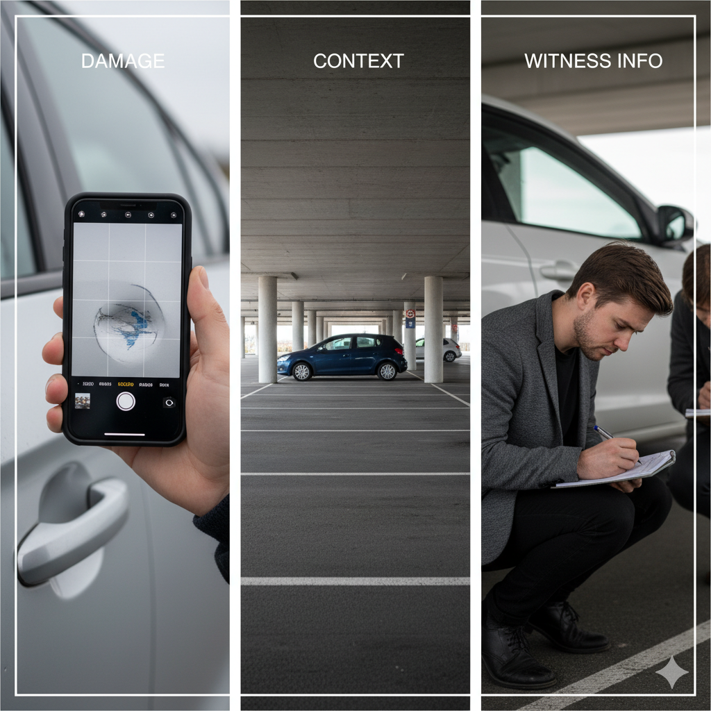 Photographic checklist visual: smartphone taking close-up of dent, panoramic shot of parking bay, witness writing down details