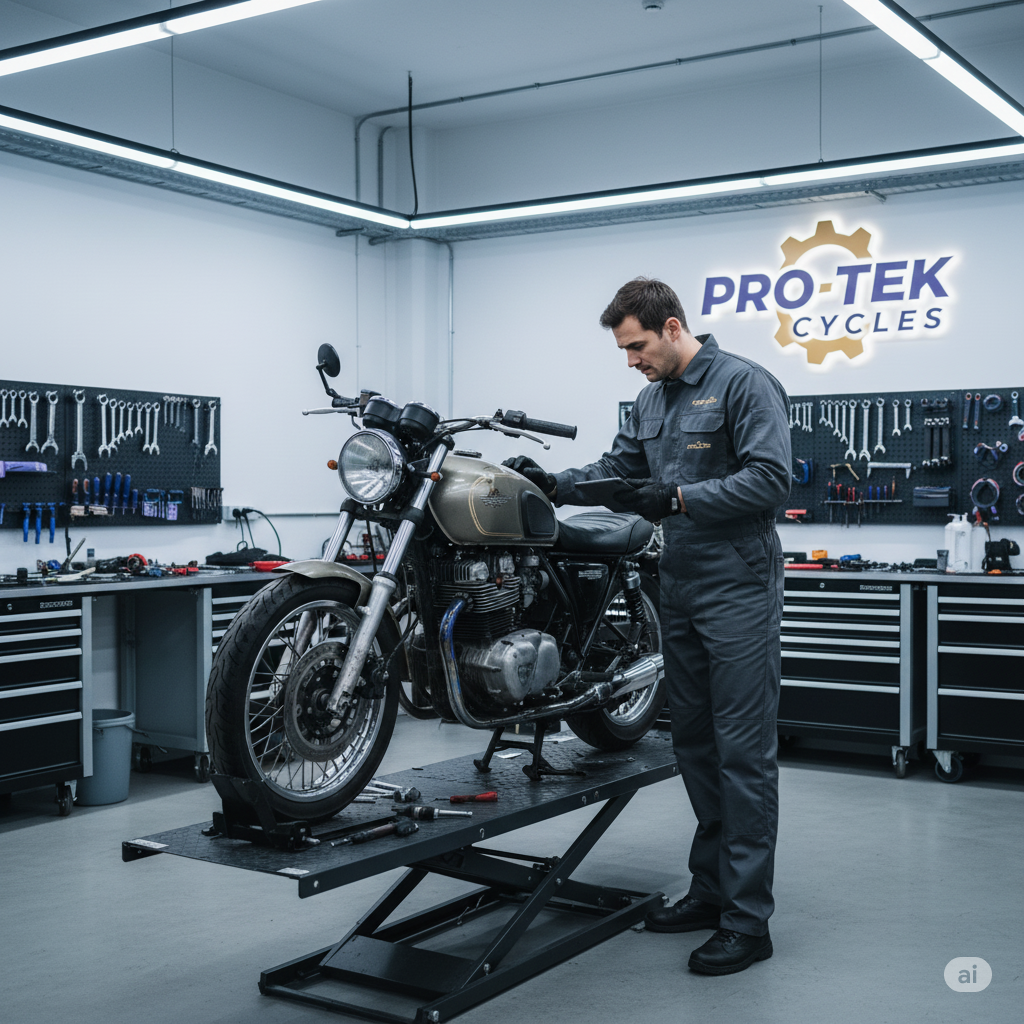 A technician inspecting a damaged motorcycle for a non-fault claim.
