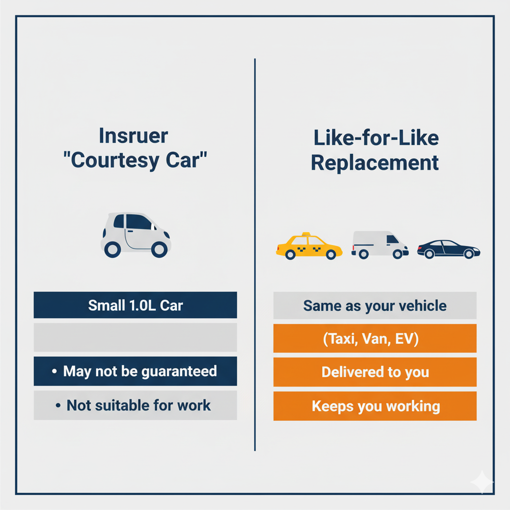 Infographic comparing a small courtesy car to a like-for-like replacement vehicle.