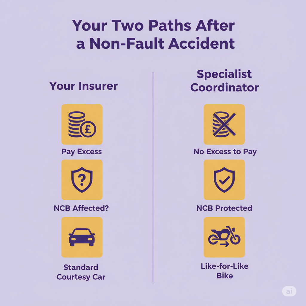 Flowchart comparing insurer vs specialist non-fault accident claims.