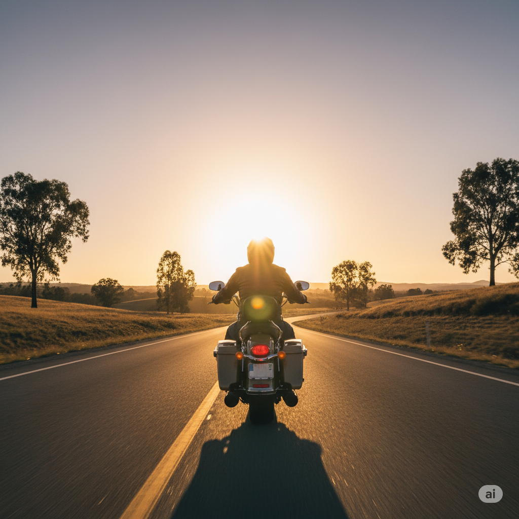 Motorcyclist riding towards sunset, symbolizing recovery after an accident claim.