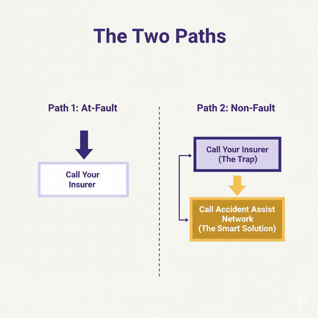 A flowchart showing the smart solution for non-fault claims via Accident Assist Network.