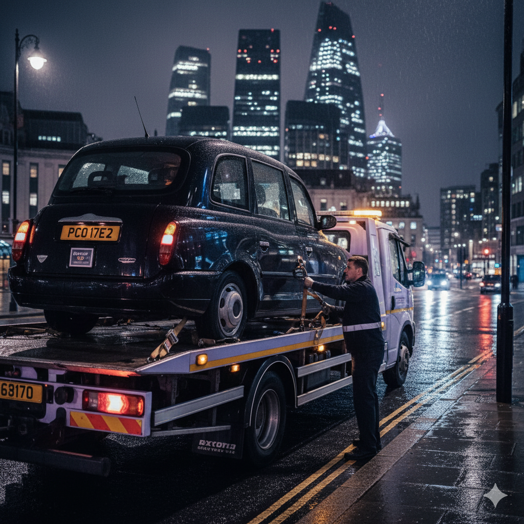 Specialist vehicle recovery for a PCO licensed taxi in London.