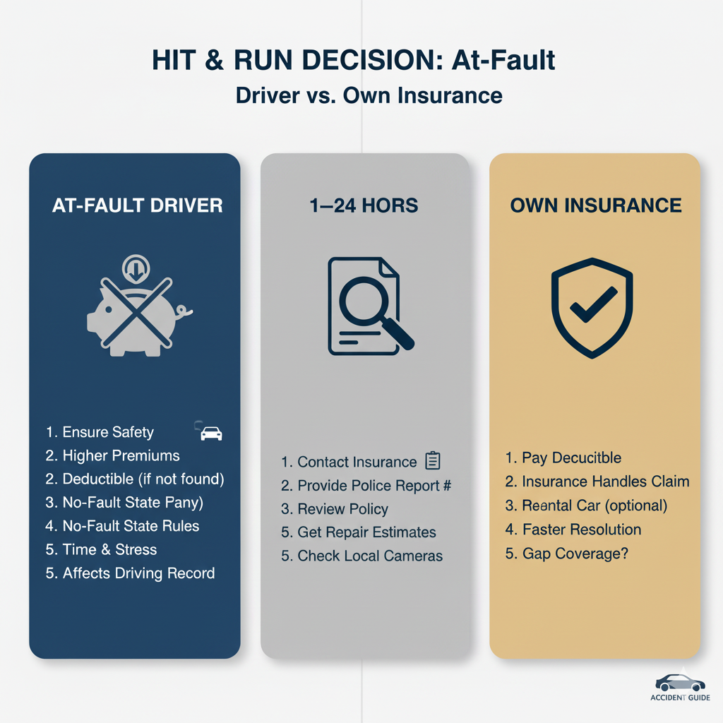 Decision moment: driver considering at-fault claim vs own insurer, split screen infographic