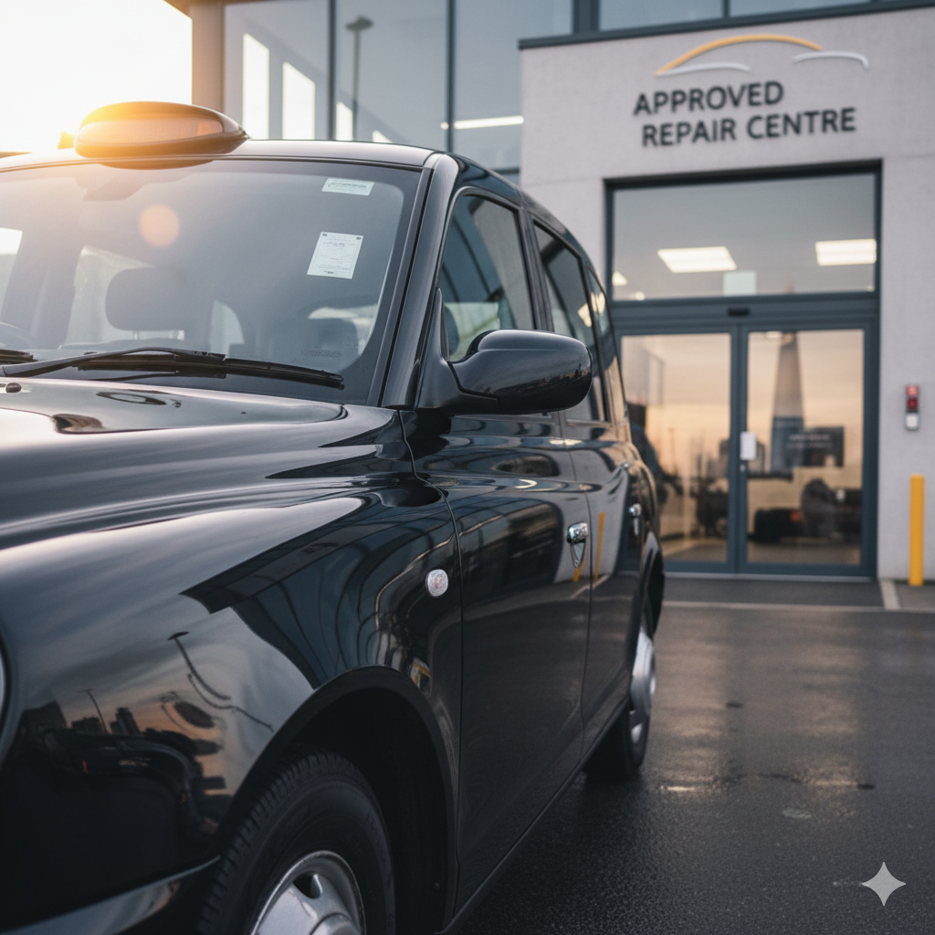 A gleaming black London taxi with a perfectly repaired finish, reflecting the skyline.