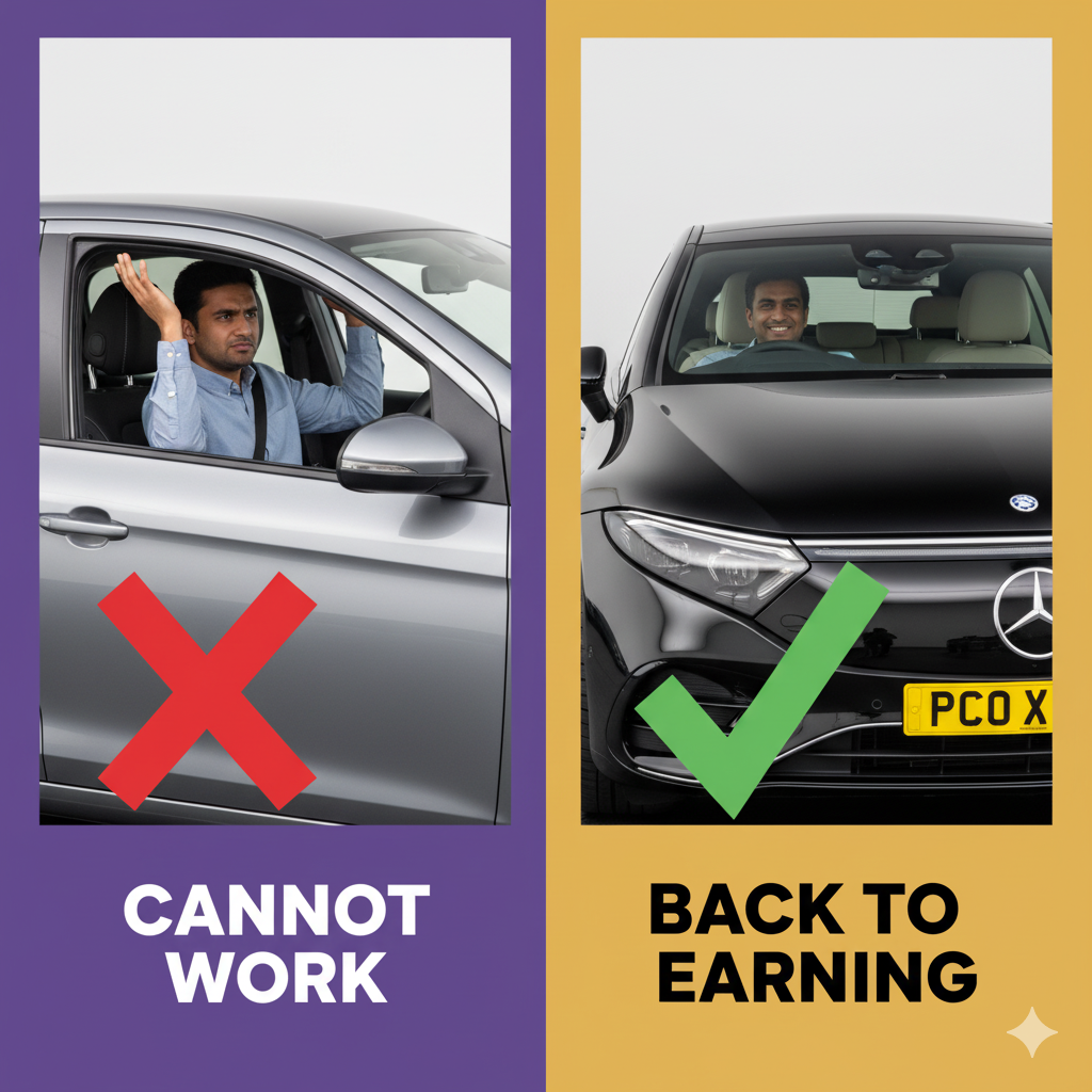 A split-screen showing a frustrated PCO driver in a courtesy car vs a happy driver in a plated EV.