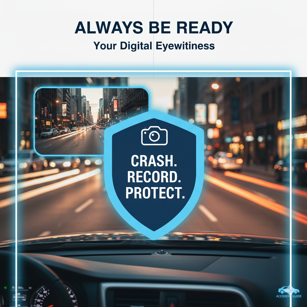 Urban scene, dashcam footage thumbnail overlay, protective shield icon