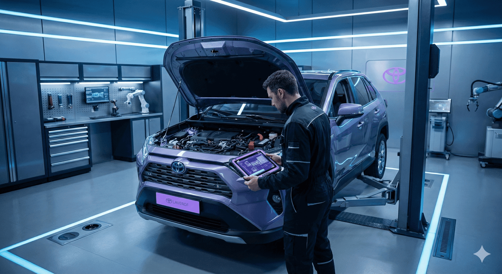 Modern workshop with mechanic working on hybrid engine