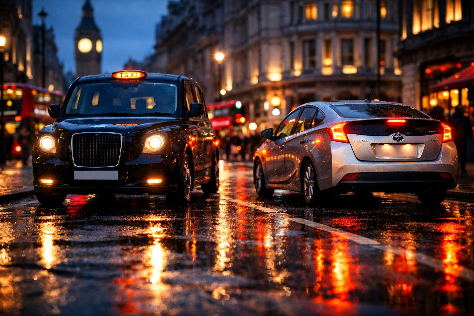 A London black cab and an Uber PHV vehicle safely pulled over with hazard lights on in central London.