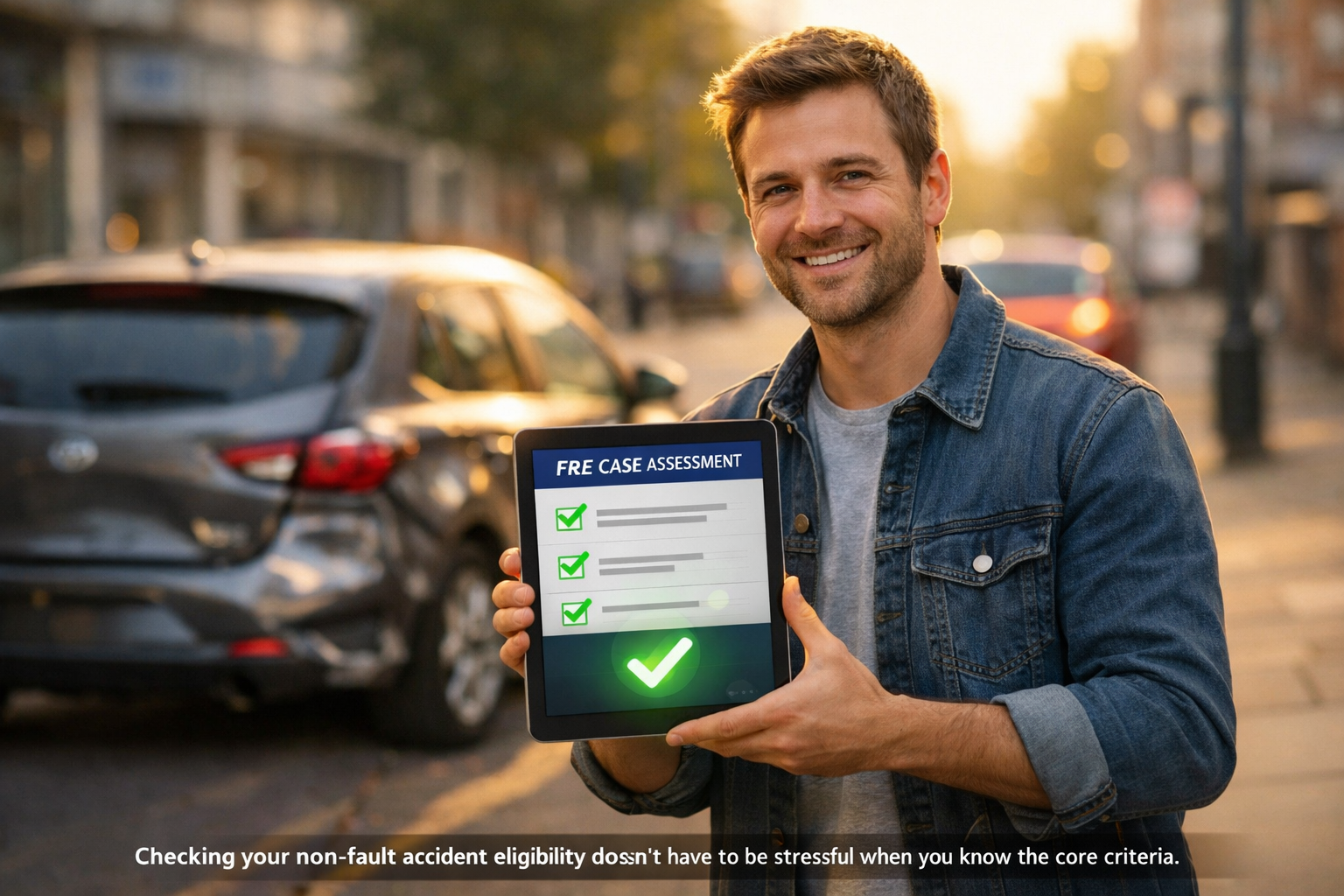 A stressed driver looking relieved while checking a digital eligibility checklist on a tablet after a minor collision.