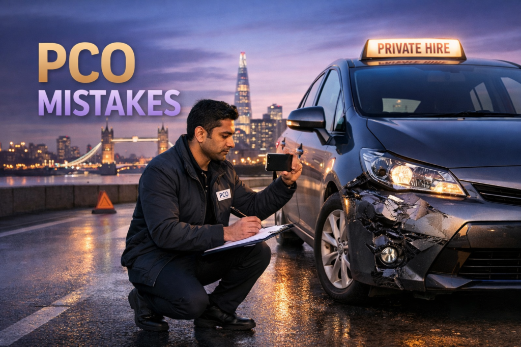 New London private hire driver inspecting crash damage beside a licensed vehicle at dusk
