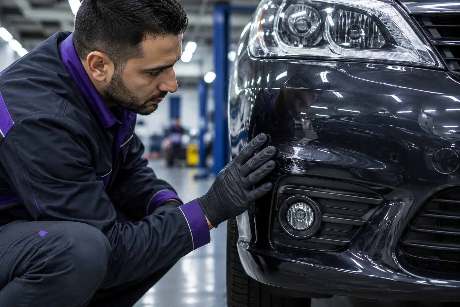 Mechanic inspecting a private hire vehicle bumper for damage before a TfL test.