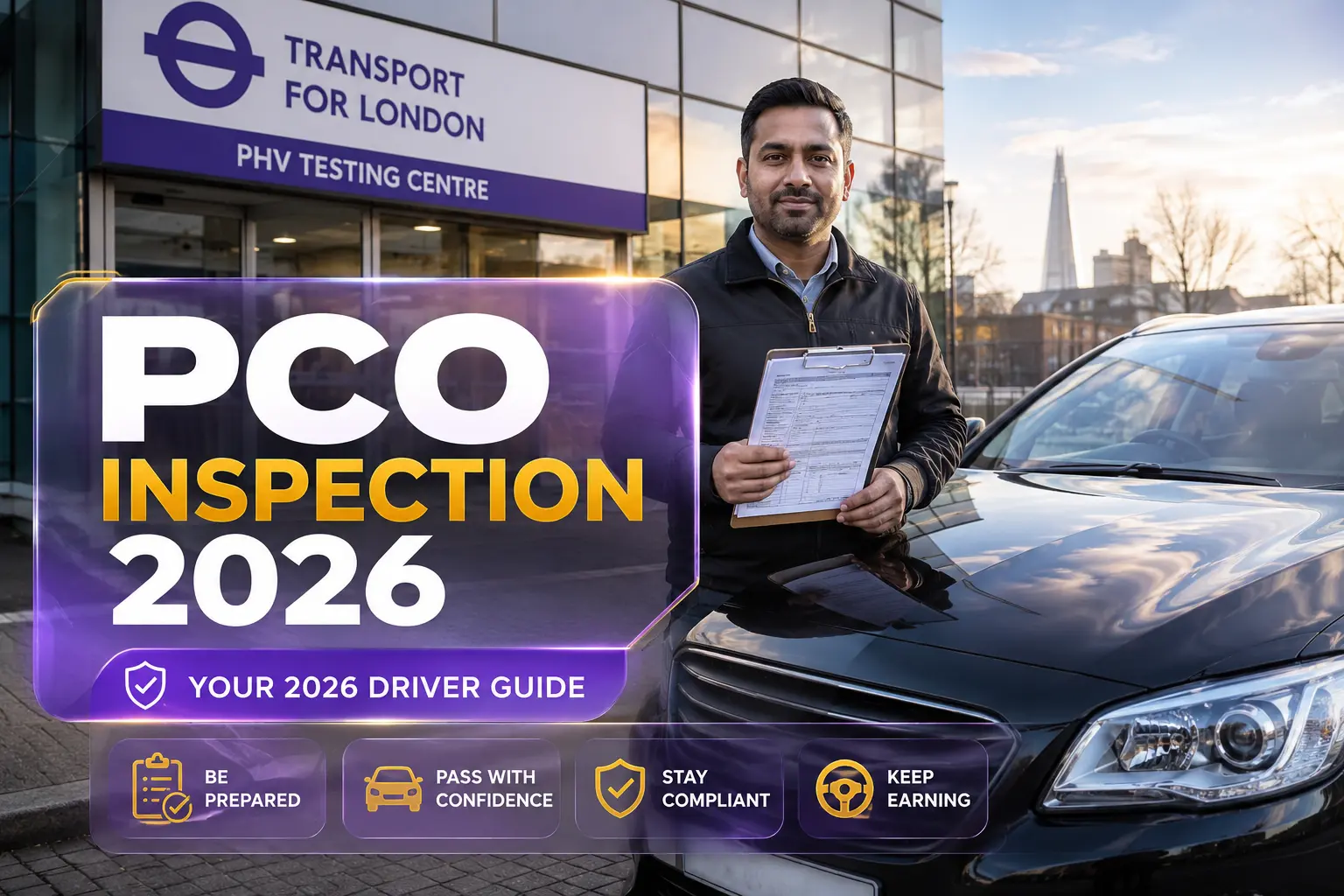 A confident London PHV driver preparing his car for a 2026 PCO vehicle inspection.