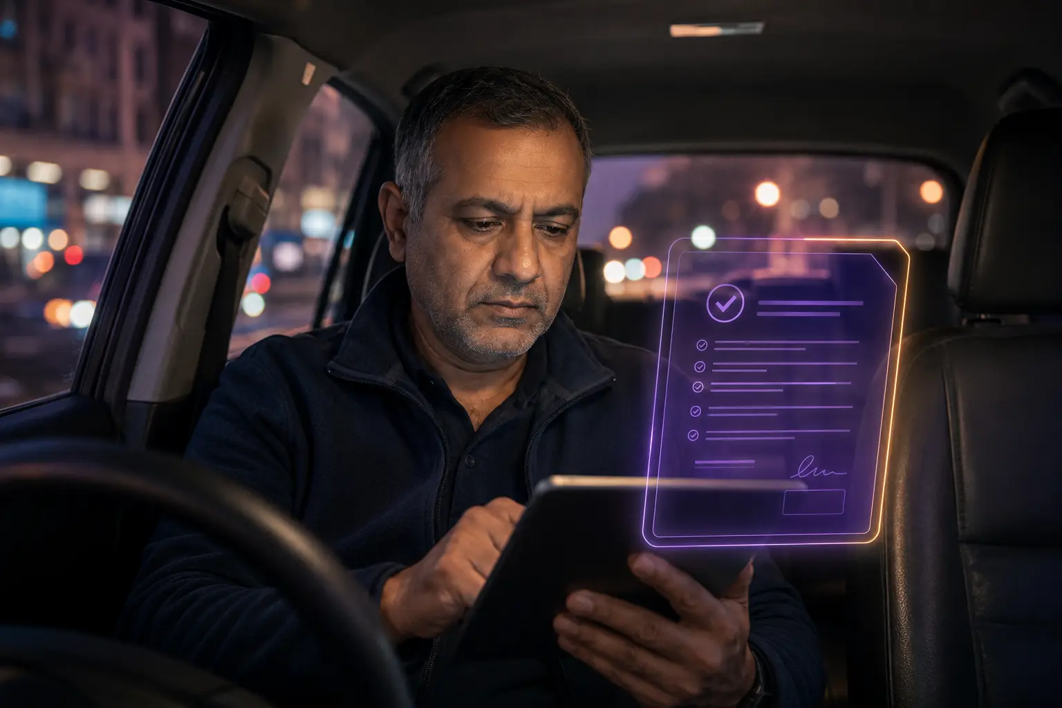 PHV driver reading replacement vehicle paperwork before signing