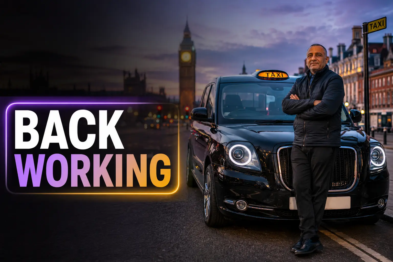 London taxi driver beside a replacement taxi after a non-fault accident
