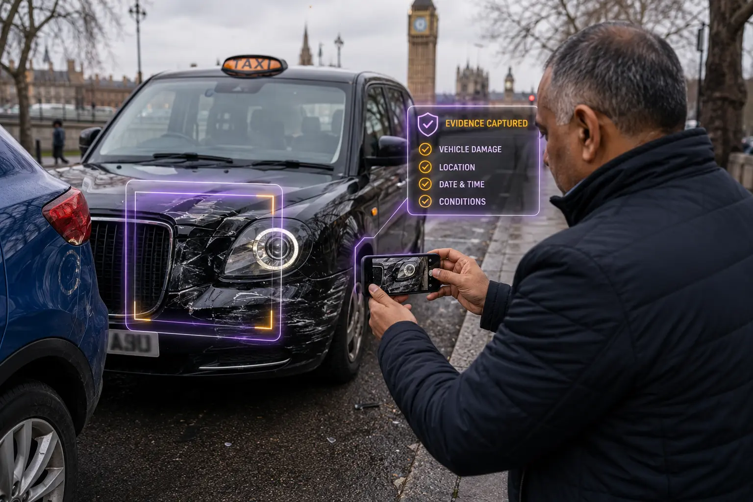 axi driver taking photos after a non-fault accident in London