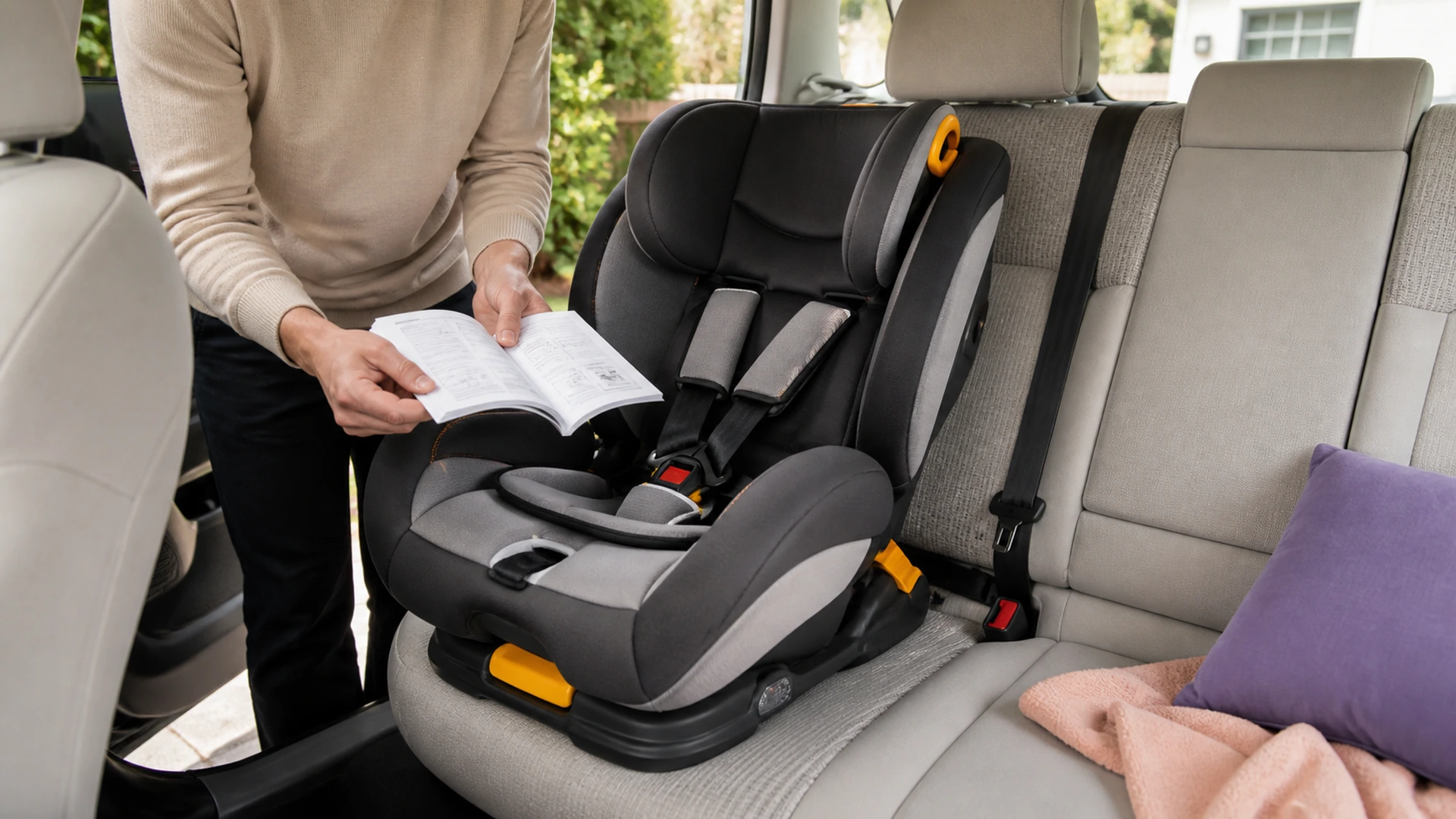 Adult checks fitting instructions while installing a generic child restraint in a rear car seat.