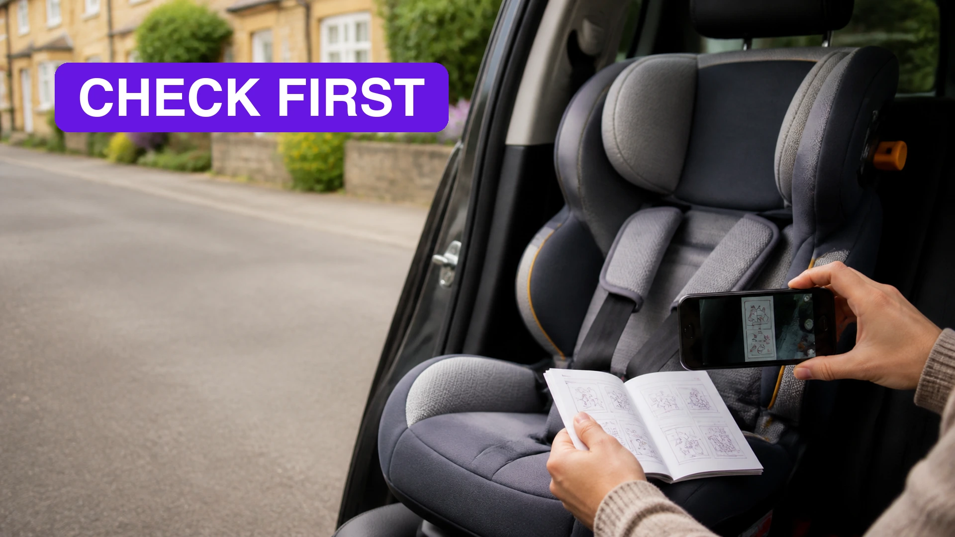 Unoccupied child car seat beside an open car door while an adult checks the manual and photographs the seat label.