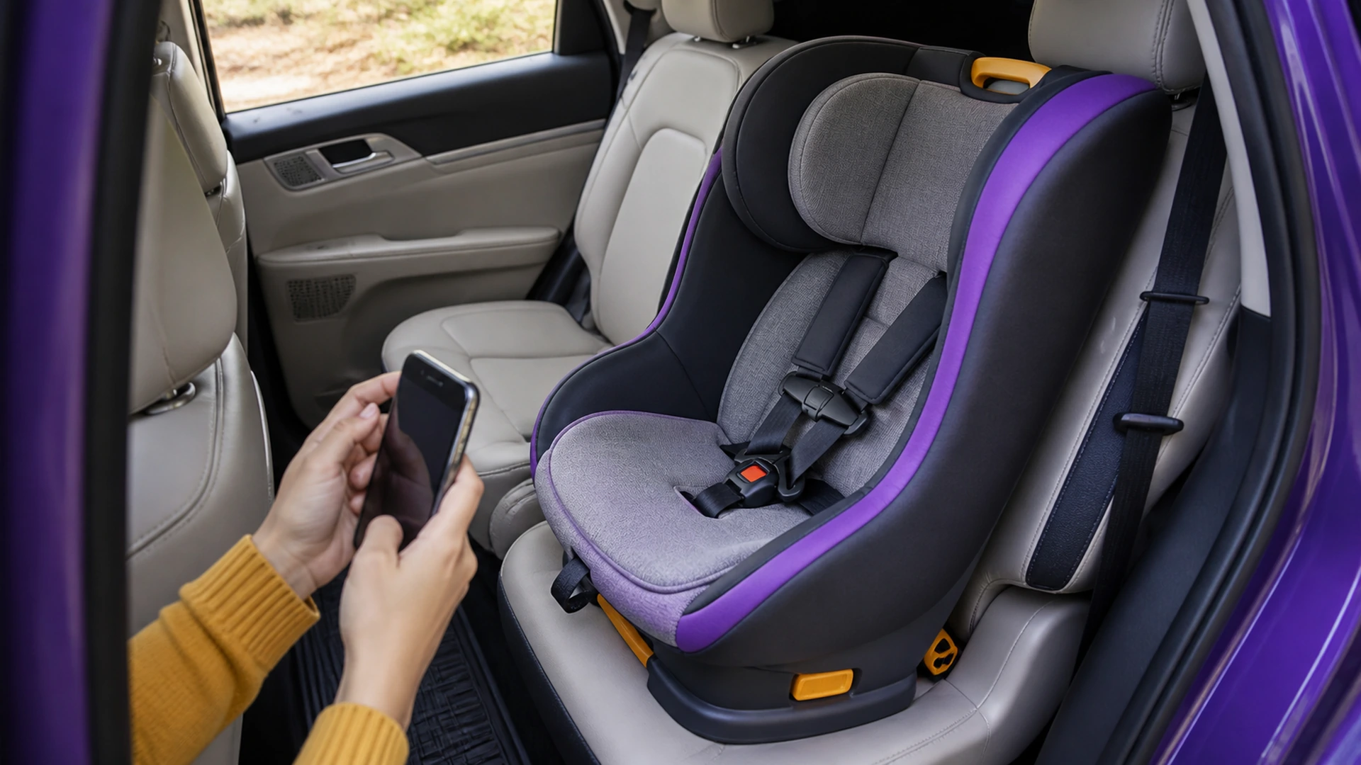 Adult photographs an unoccupied child seat from several angles after a collision.